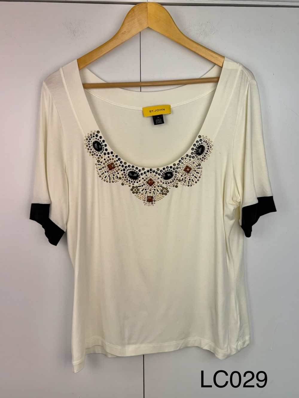 St. John Ivory Jeweled Crystal Embellished Stretch Top XL
